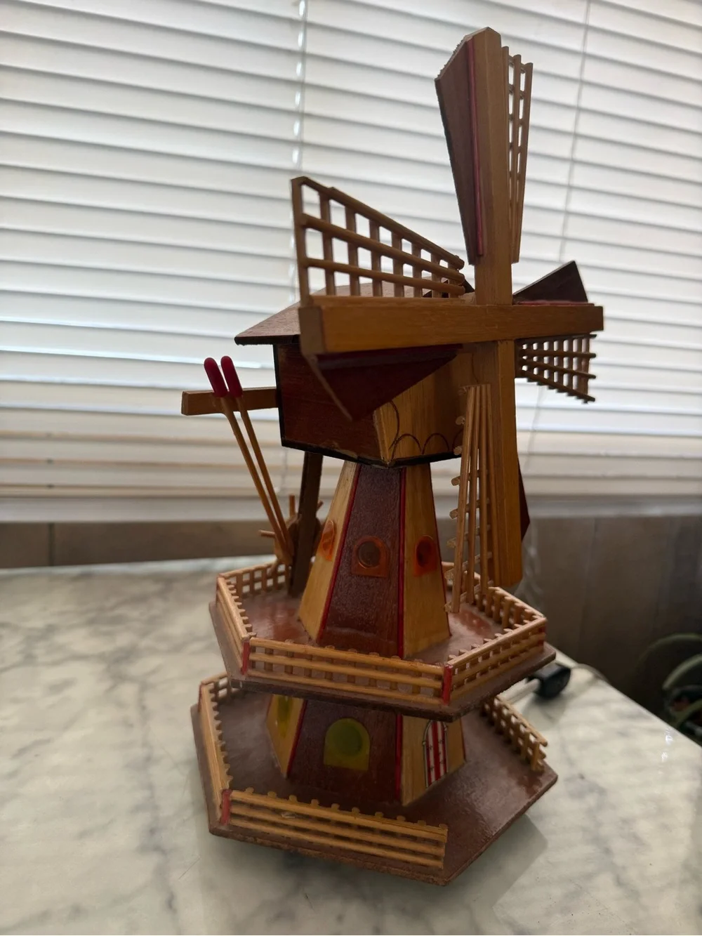 Vintage Wood Windmill Music Box and Night Light 13”